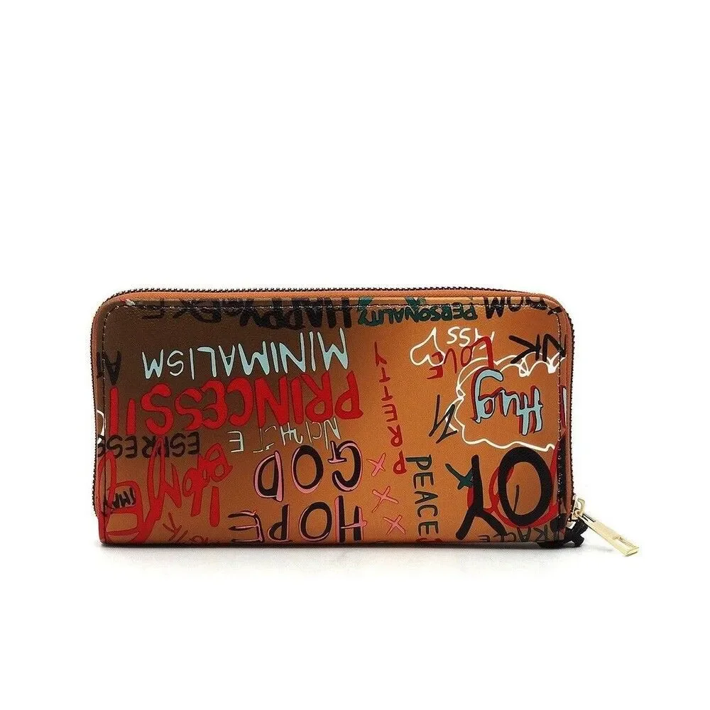 Brown Multi Graffiti Print Zip Around Wallet Wristlet